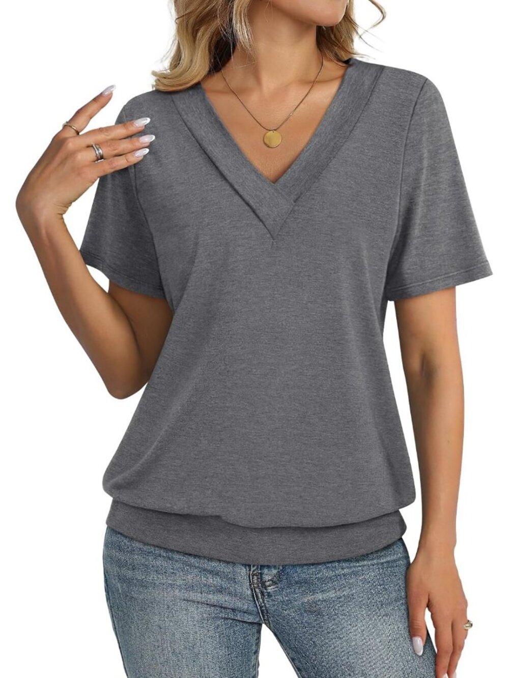 Women's Gray Banded Bottom V Neck Short Sleeve Summer Casual Trendy Tunic Tops